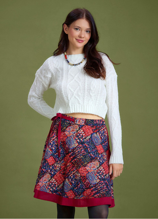 Red Patterned Short Wrap Skirt